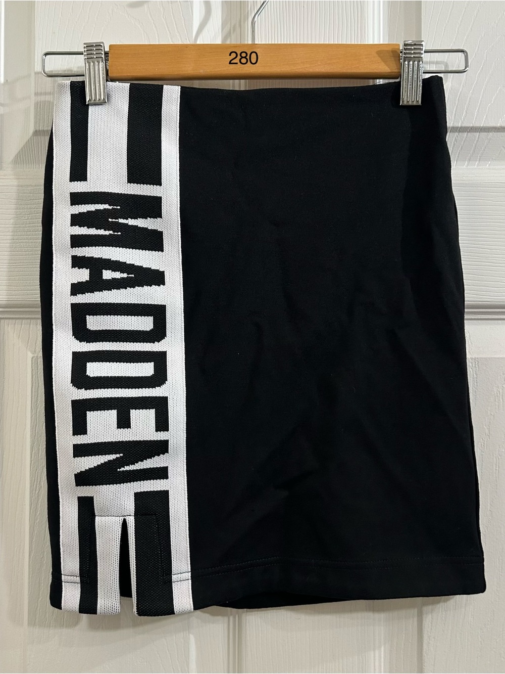 NWOT Steve Madden Black Skirt with White Logo Stripe Women’s Size S